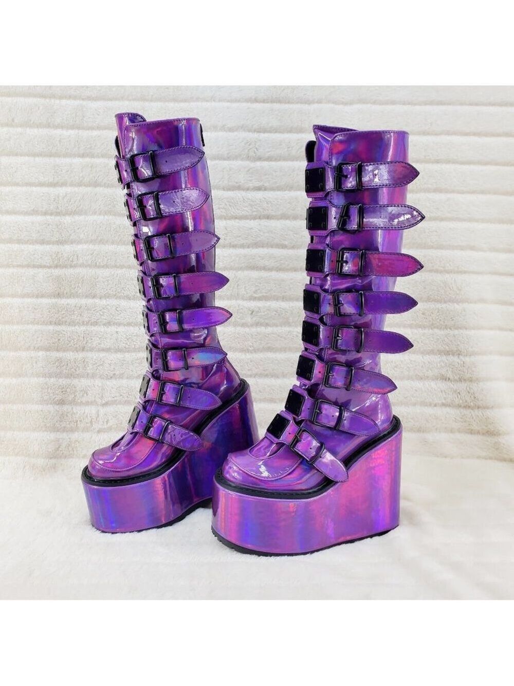 Purple Hologram Festival Knee High Platform Wegde